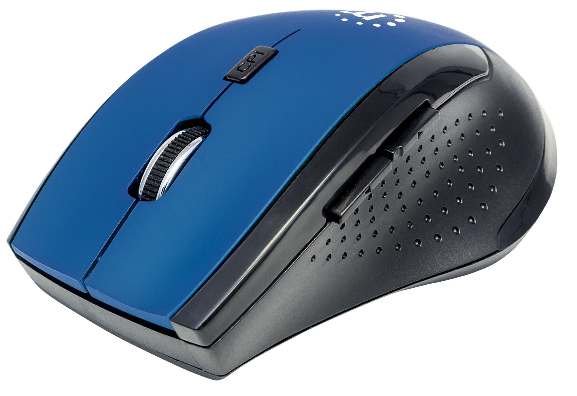 Manhattan Curve Wireless Mouse (Clearance Pricing), Blue/Black, Adjustable DPI (800, 1200 or 1600dpi), 2.4Ghz (up to 10m), USB, Optical, Five Button with Scroll Wheel, USB micro receiver, 2x AAA batteries (included), Low friction base, Three Year Warranty, Blister