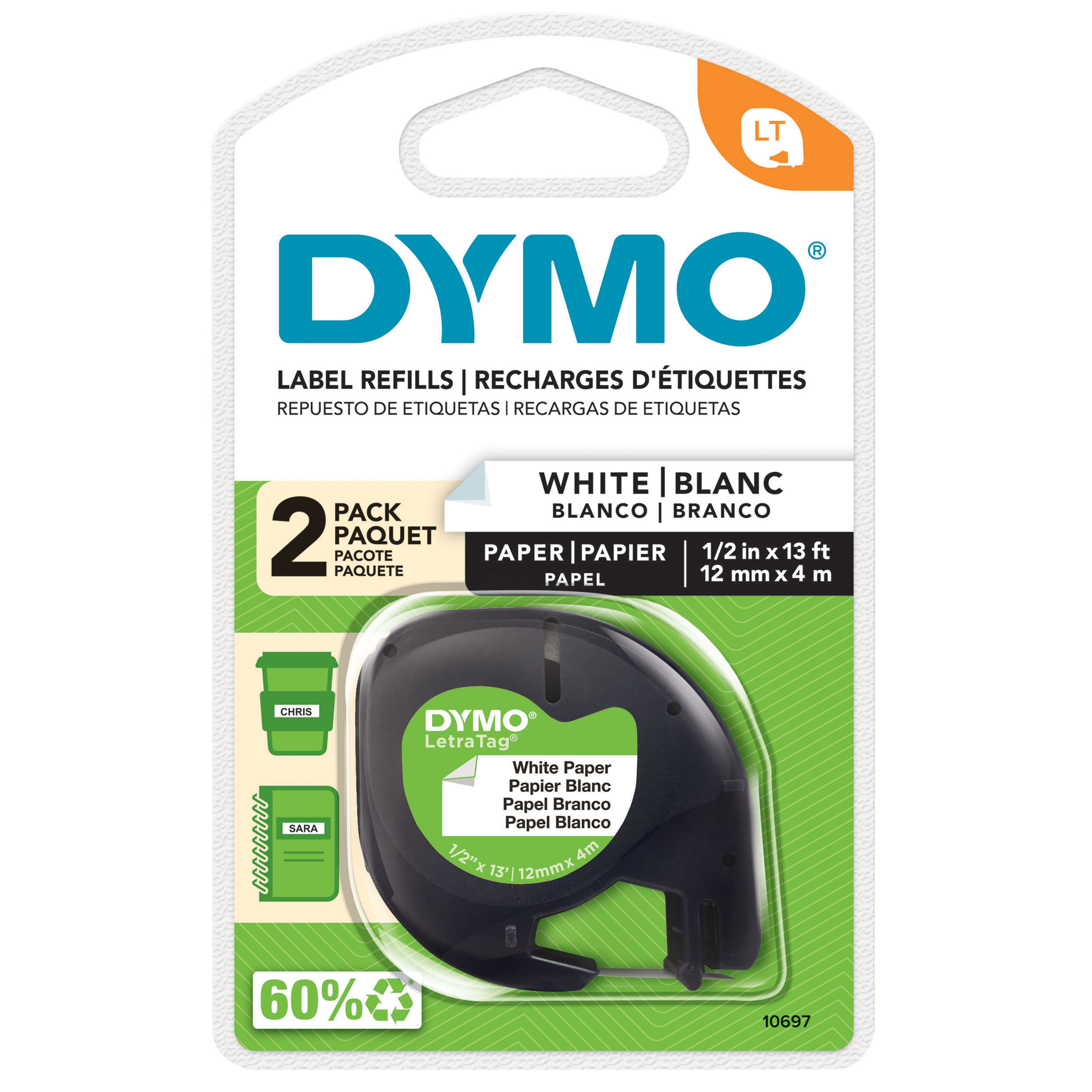 DYMO LetraTag Paper Labels | Authentic | 12 mm x 4 m Roll | Black Print on White Labels | Self-Adhesive Multipurpose Labels for LetraTag Label Makers | 2 Count