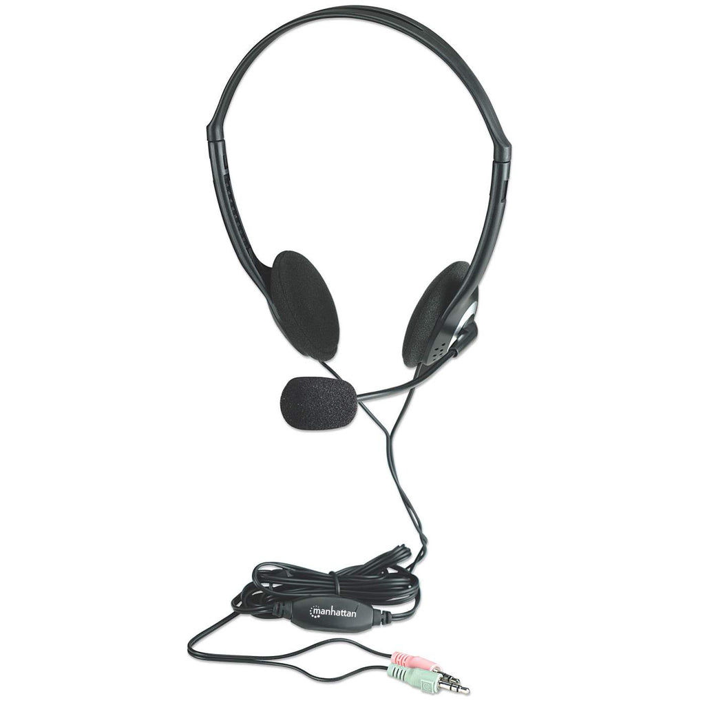 Manhattan Stereo On-Ear Headset (3.5mm), Microphone Boom, In-Line Volume Control, Foam Earpads, Standard 2x 3.5mm stereo jack/plug for audio/mic use, cable 2m, Black, Three Year Warranty