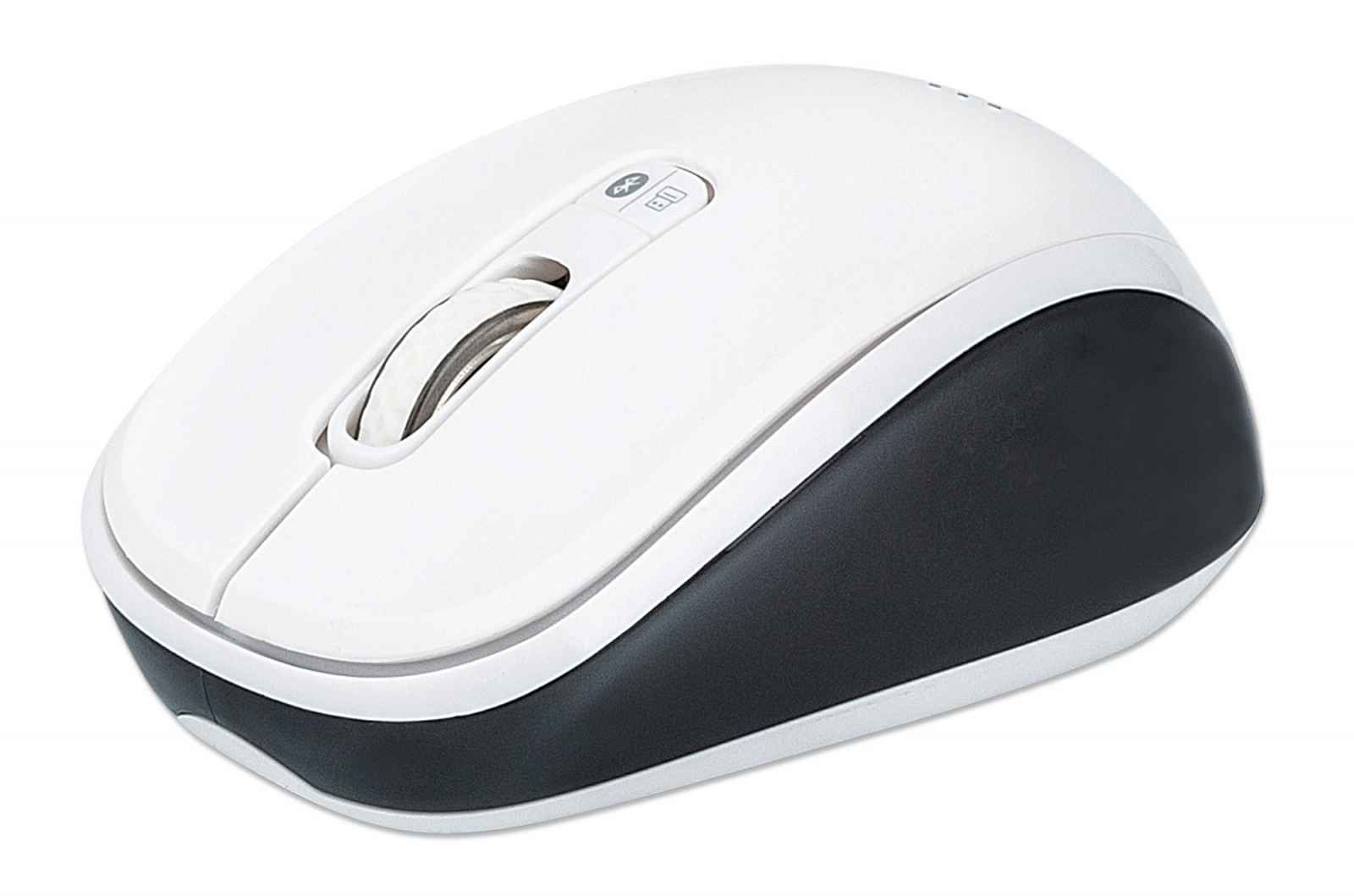 Manhattan Dual-Mode Mouse, Bluetooth 4.0 and 2.4 GHz Wireless, 800/1200/1600 dpi, Three Buttons With Scroll Wheel, Black & White, Three Year Warranty, Box