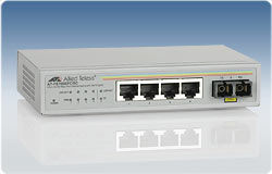 Allied Telesis 4-port 10/100TX unmanaged switch plus Single port 100FX with external power supply White