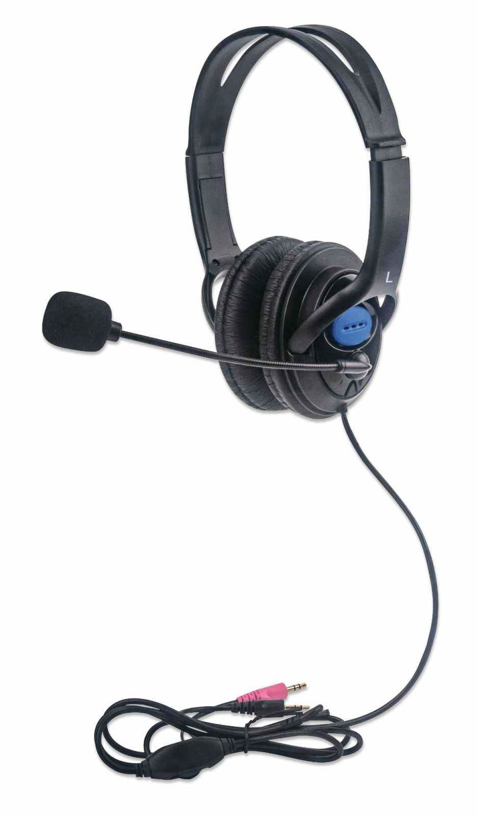 Manhattan Stereo Headset, Lightweight, adjustable microphone, in-line volume control, padded cloth ear cushions, two 3.5mm jack input plugs, cable 2m, Black, 3 year warranty