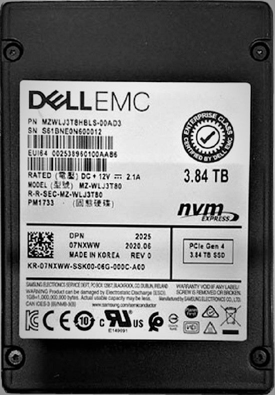 7NXWW - Dell 3.84TB PCI Express NVMe SFF 2.5" Solid State Drive