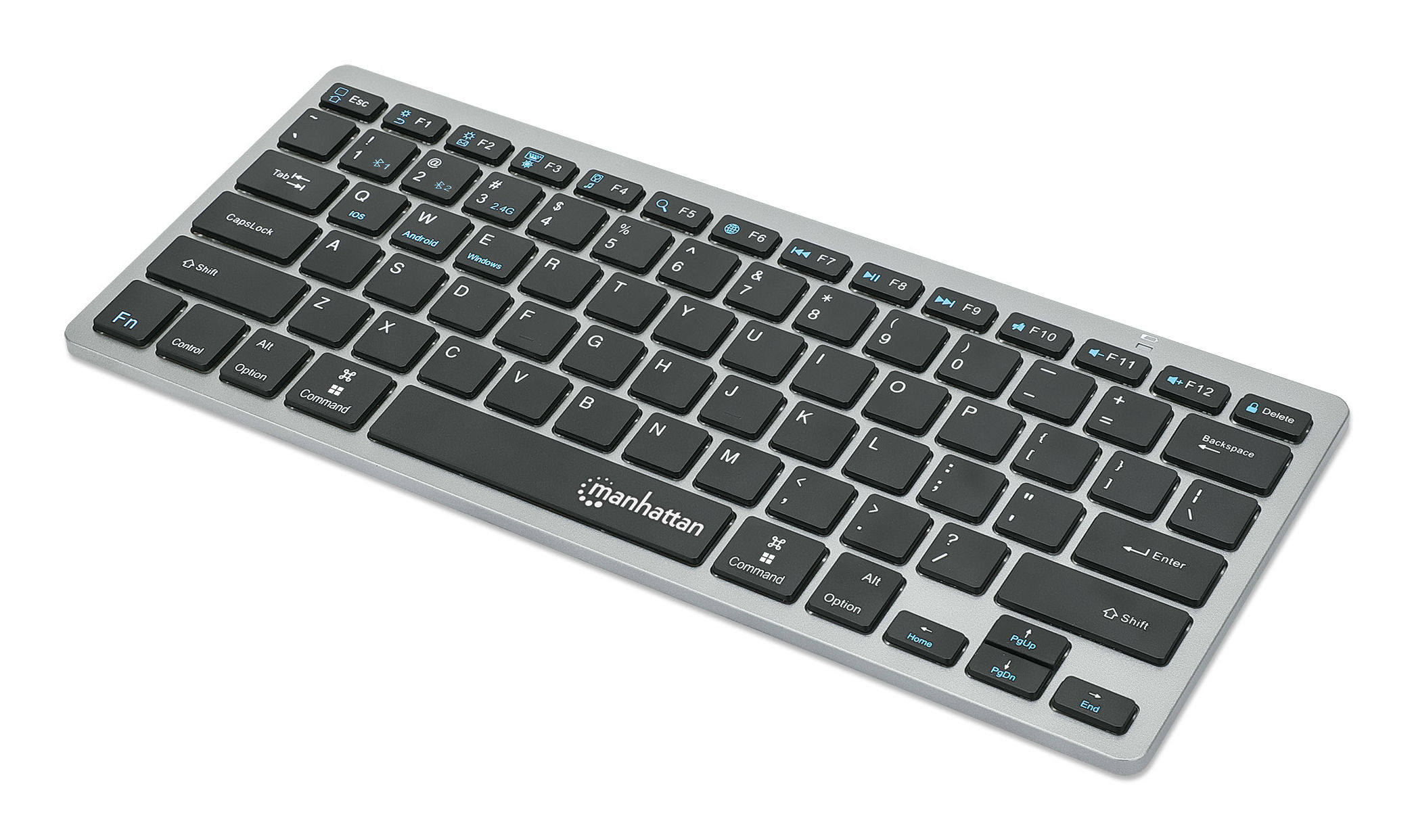 Manhattan Ultra Slim Dual-Mode Wireless Keyboard, German Quertz layout, Bluetooth (v3.0) and Wireless (2.4GHz), 78 low profile scissor keys, Auto Power Management, Range 10m, USB-A Micro Receiver, AAA Battery (included), Windows and Mac, Three Year Warranty