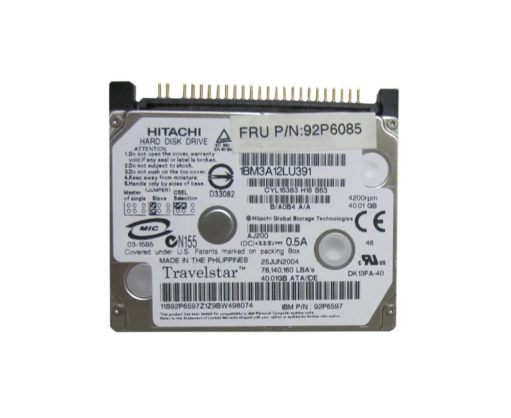 92P6085 - IBM 40GB 4200RPM IDE Ultra ATA/100 (ATA-6) 2MB 1.8-Inch HDD