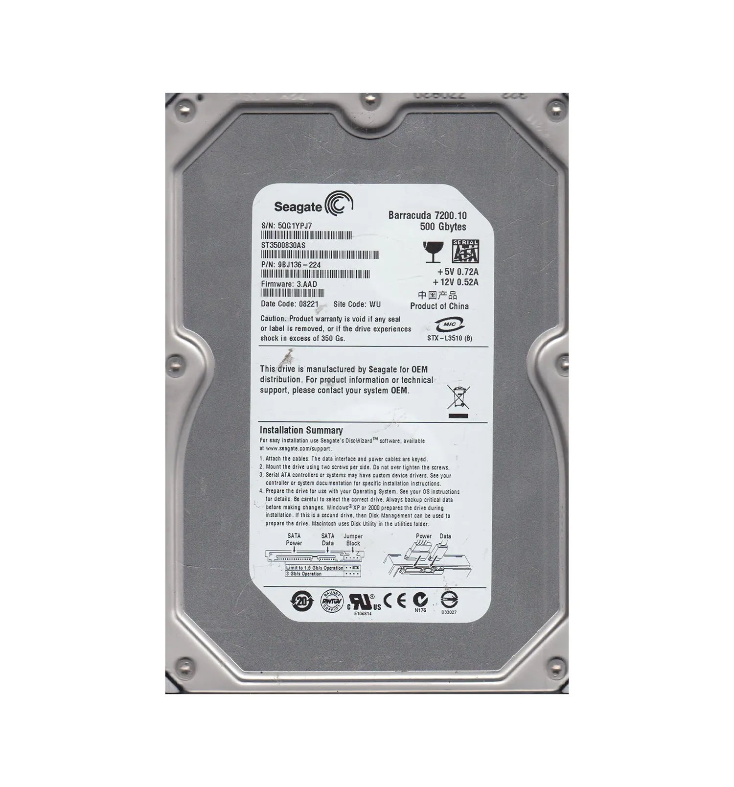 9BJ136-224 - Seagate 500GB 7200RPM SATA 3Gb/s 3.5-in Hard Drive