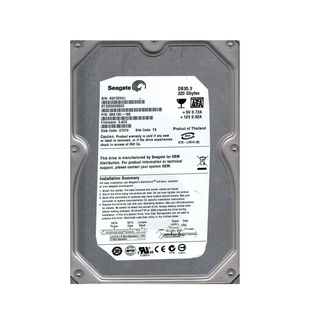 9BK13G-180 - Seagate 320GB 7200RPM SATA 3Gb/s 3.5-in Hard Drive