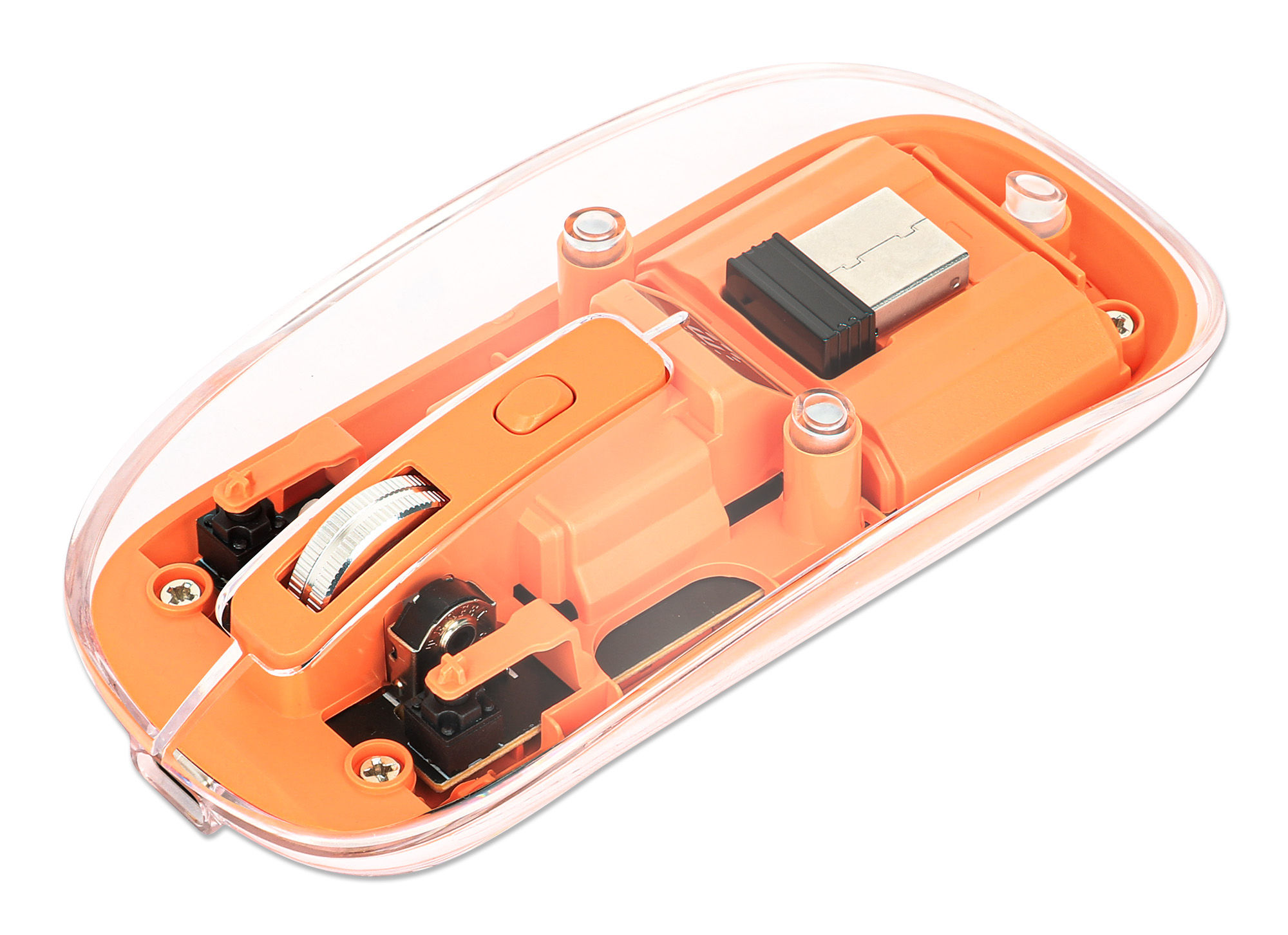 Manhattan Transparent Rechargeable Wireless Mouse, Clear/Orange, Adjustable 800/1200/1600dpi, With RGB LED light, 2.4Ghz (effective range up to 10m), USB, Optical, Ambidextrous, Four Button with Scroll Wheel, Slim Design, USB-A micro receiver, Lithium Ion battery