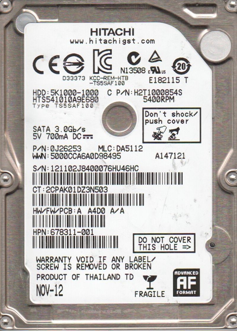 HGST Travelstar 5K1000 1TB 5400 RPM 8MB Cache SATA 6.0Gb/s 2.5" Internal Notebook Hard Drive