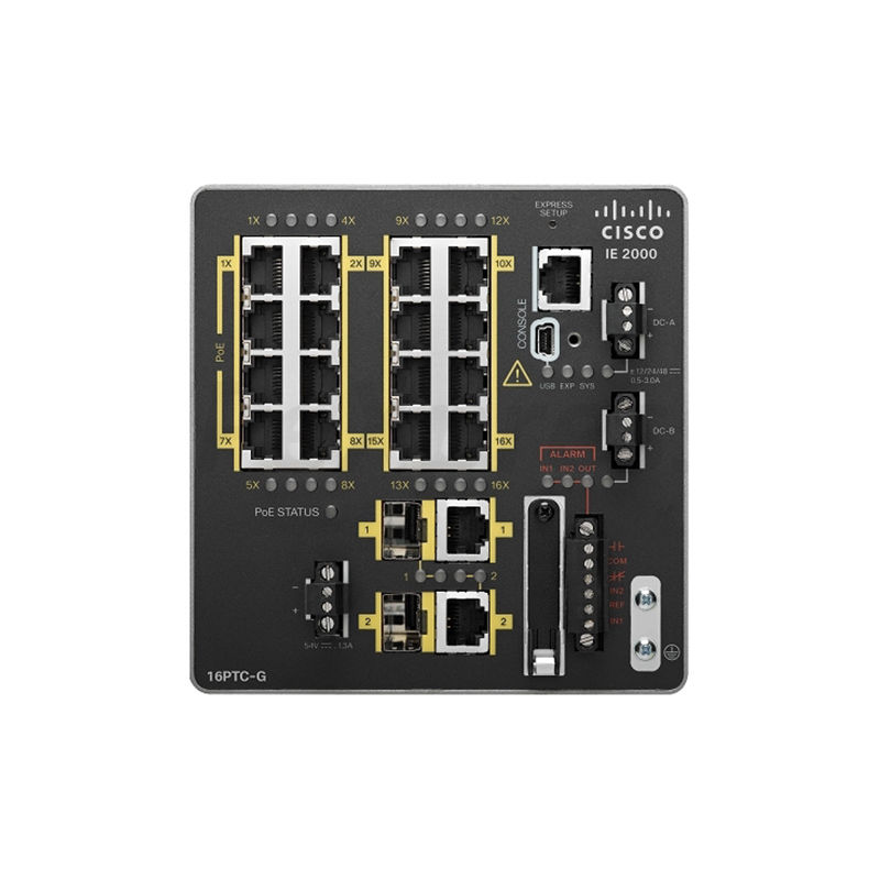 IE-2000-16PTC-G-NX, Cisco IE2000 Switch, 16xFE (4xPoE+), 2xGE uplinks, Enhanced Lan Base