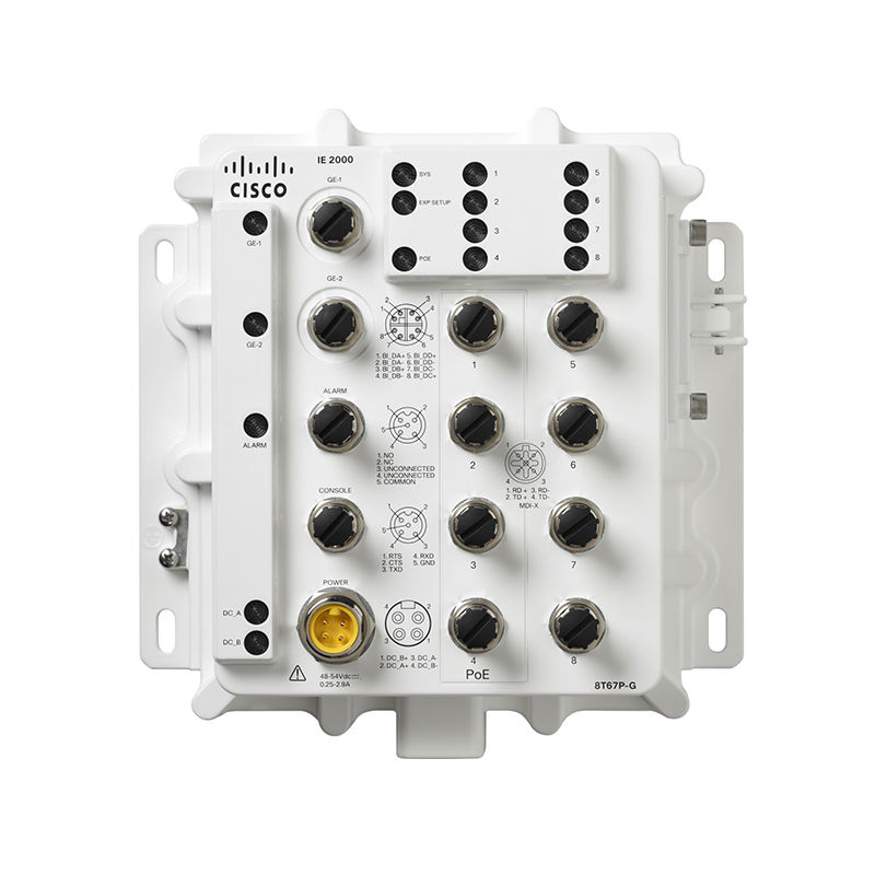 IE-2000-8T67P-G-E, Cisco IE2000 Industrial Switch, 8xFE M12 PoE+/2xGE/PoE+ support