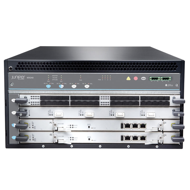 MX240BASE-DC, Juniper MX240 Router, 4-slot chassis/1 fan tray/1 DC PSU