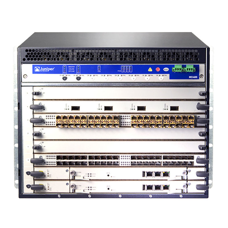 MX480BASE-DC, Juniper MX480 Router, 8-slot chassis/2 DC PSUs/1 Fan Tray