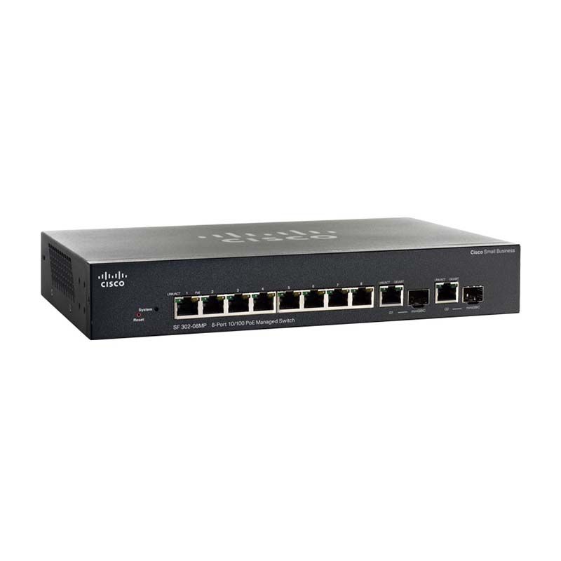 SF302-08MP, Cisco SF302 Series Switch, 8x10/100 PoE/124W/2xmini-GBIC