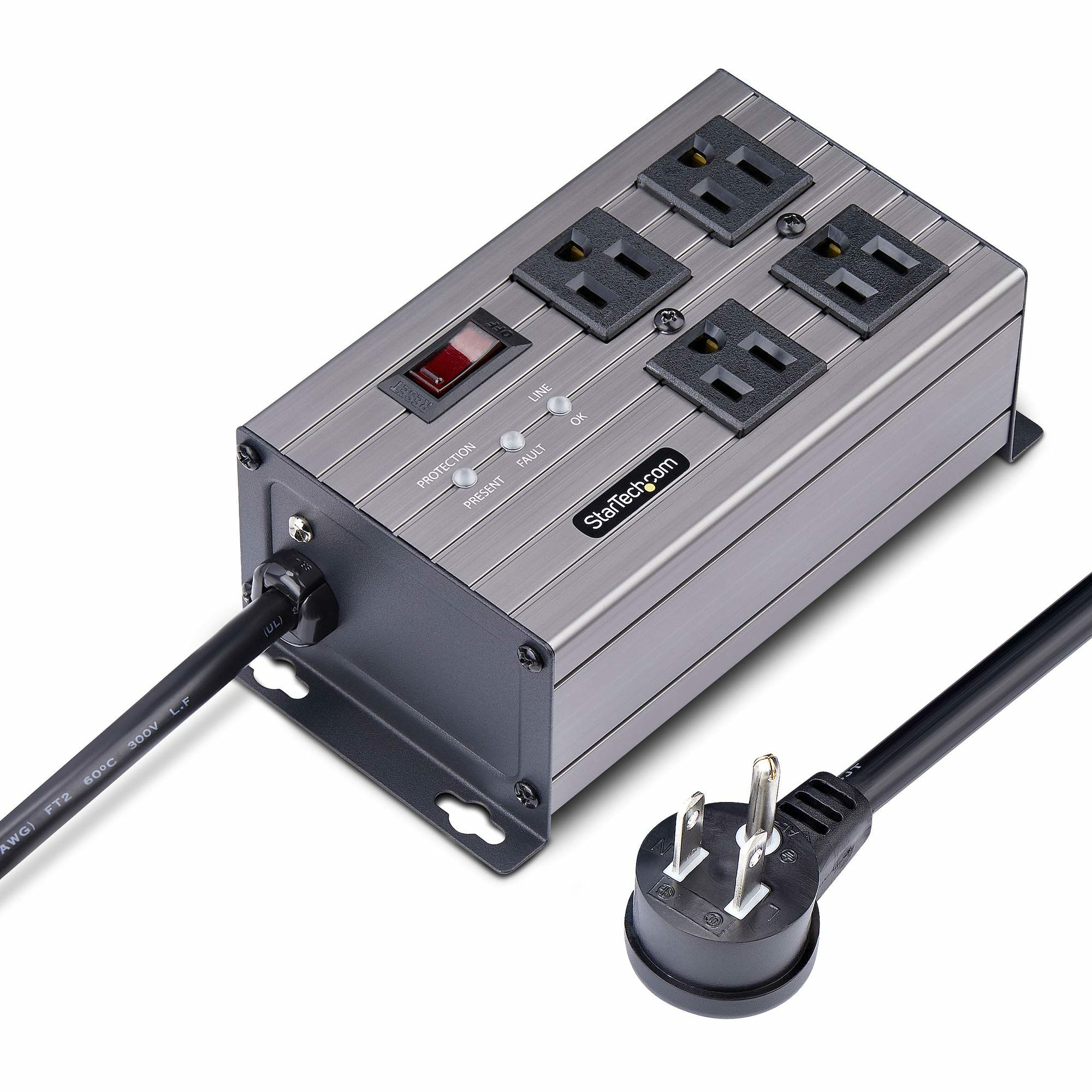 StarTech.com 4-Outlet Industrial Power Strip 125V/15A, EMI/RFI Isolation, Surge Protection, Mountable PDU, Attached 8ft/2.4m Power Cord, NEMA 5-15P/R, UL Listed