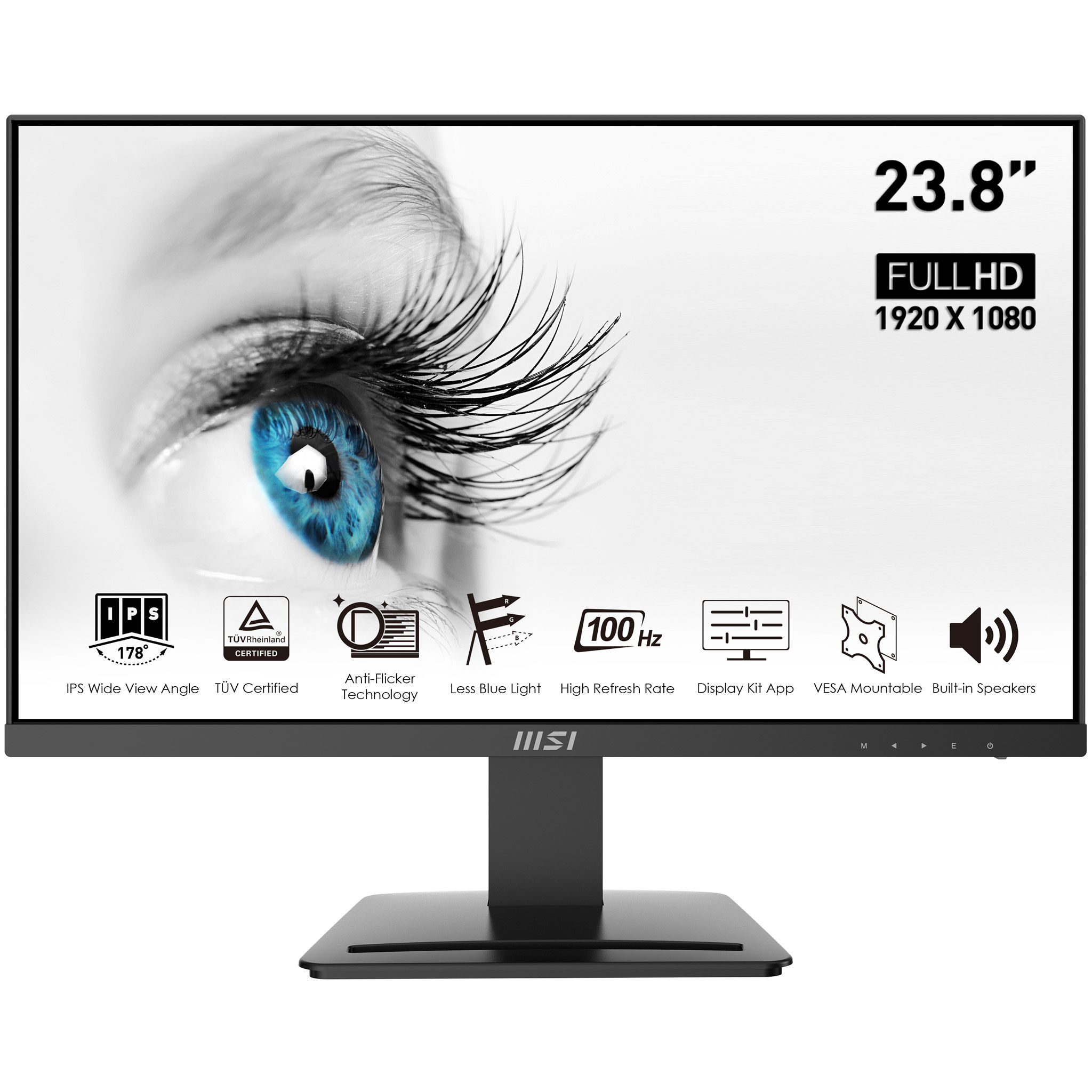 MSI Pro MP243X 23.8 Inch Monitor, Full HD (1920 x 1080), 100Hz, IPS, 4ms, HDMI, DisplayPort, Built-in Speakers, Anti-Glare, Anti-Flicker, Less Blue light, TÜV Certified, VESA, Kensington, Black