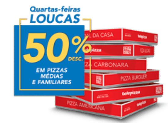 Telepizza - Servido Menu (Takeaway, Delivery) - Pizzas Médias e Familiares com 4 ou + ingredientes com 50% desconto