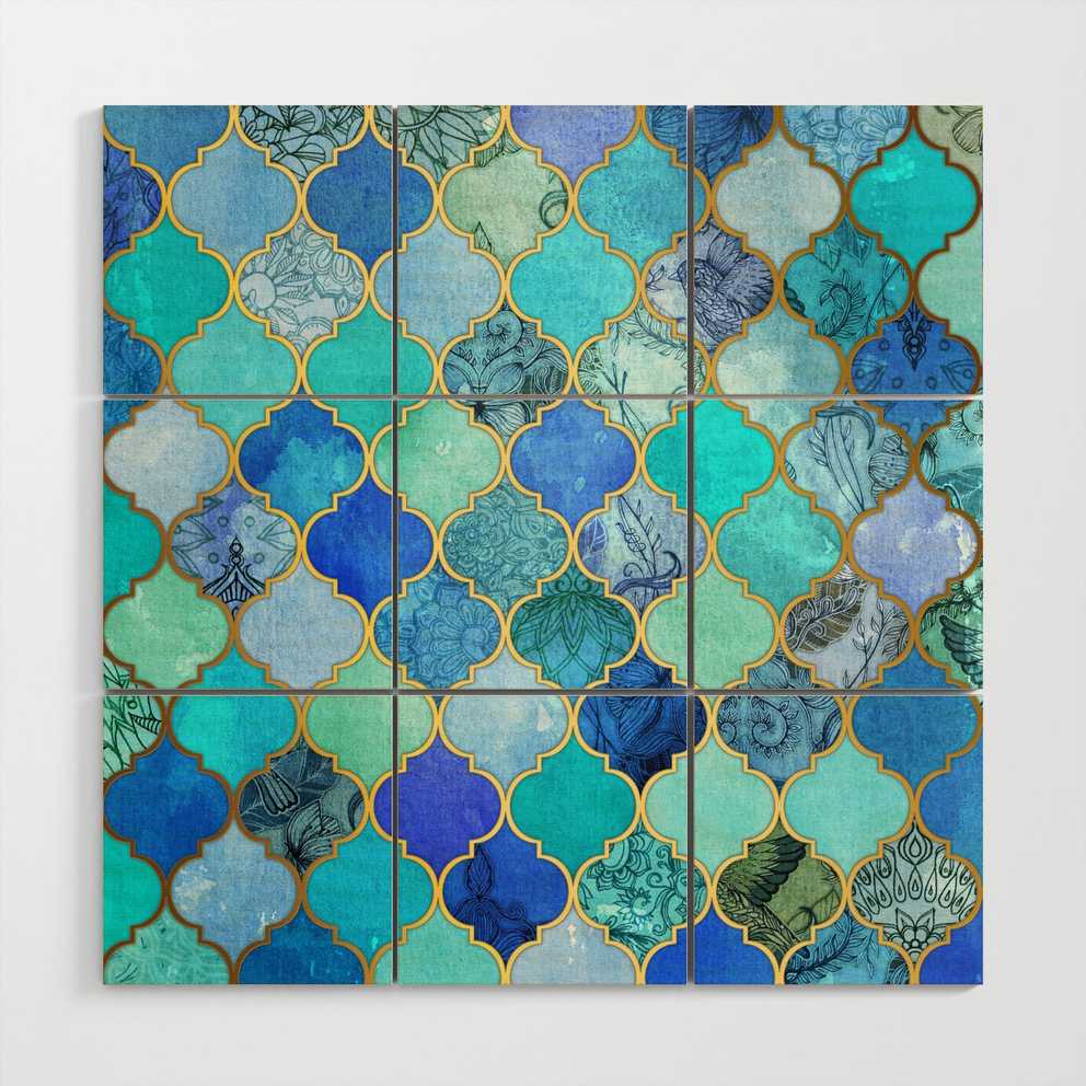 Cobalt Blue, Aqua & Gold Decorative Moroccan Tile Pattern Wood Wall Art Micklyn | Society6 Inside Current Gold And Teal Wood Wall Art (Gallery 8 of 20)