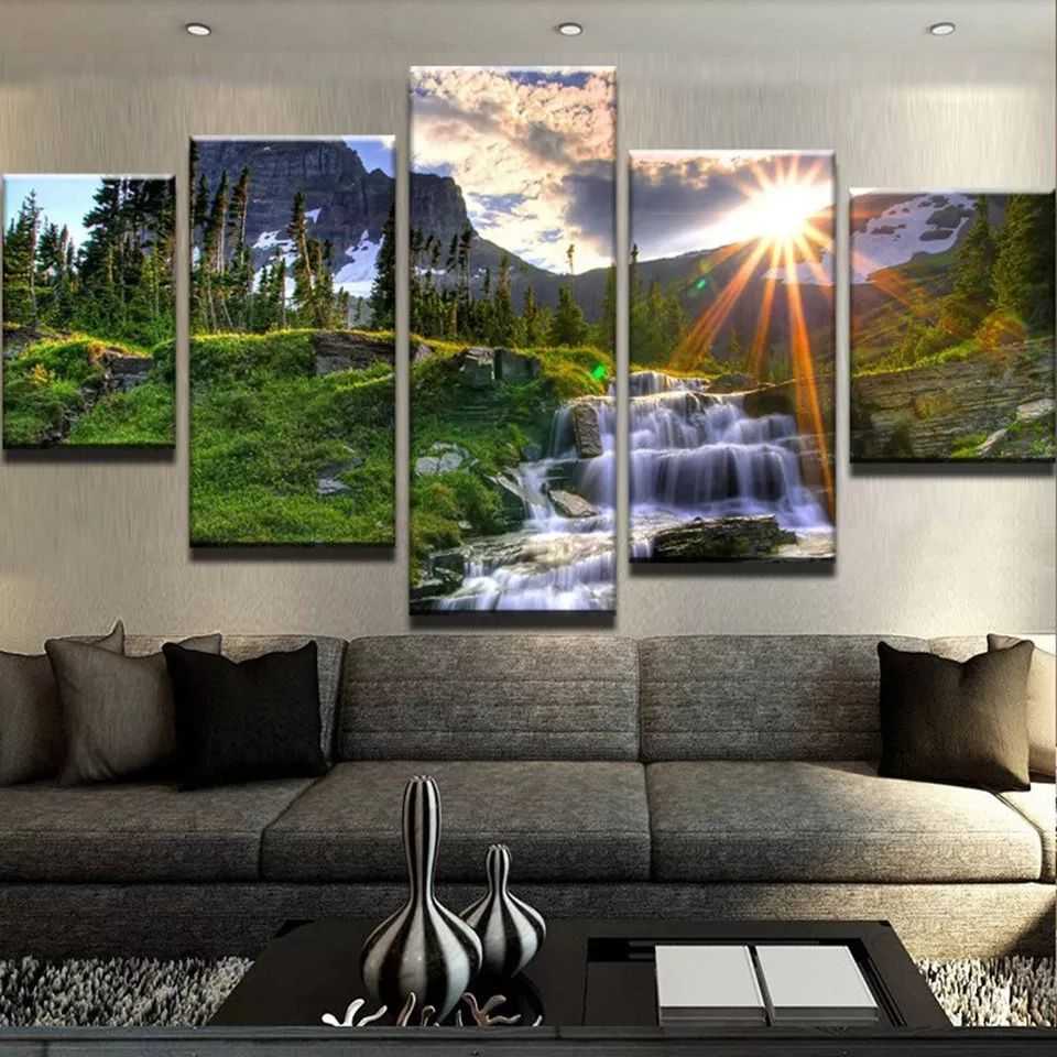 Modular Painting Canvas Wall Art 5 Piece Sunrise Forest Waterfall Landscape  Picture Decor For Living Room Hd Print Poster Frame – Buy Landscape Wall Art ,canvas Wall Art,5 Piece Canvas Wall Art Product Within 2017 Sunrise Wall Art (Gallery 15 of 20)