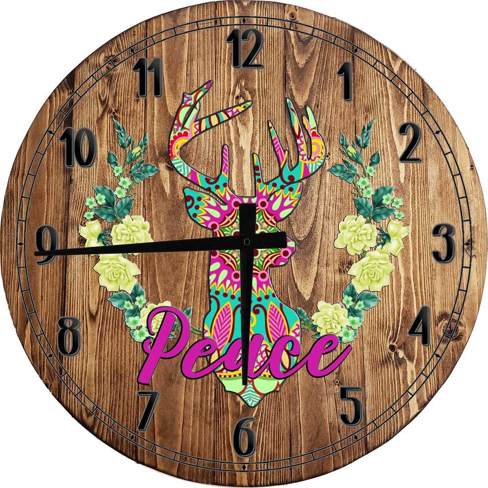 Wood Wall Clock 12 Inch Boho Wall Art Peace Deer Flower Reef Round Small  Battery Operated – Walmart Pertaining To Latest Peace Wood Wall Art (Gallery 14 of 20)