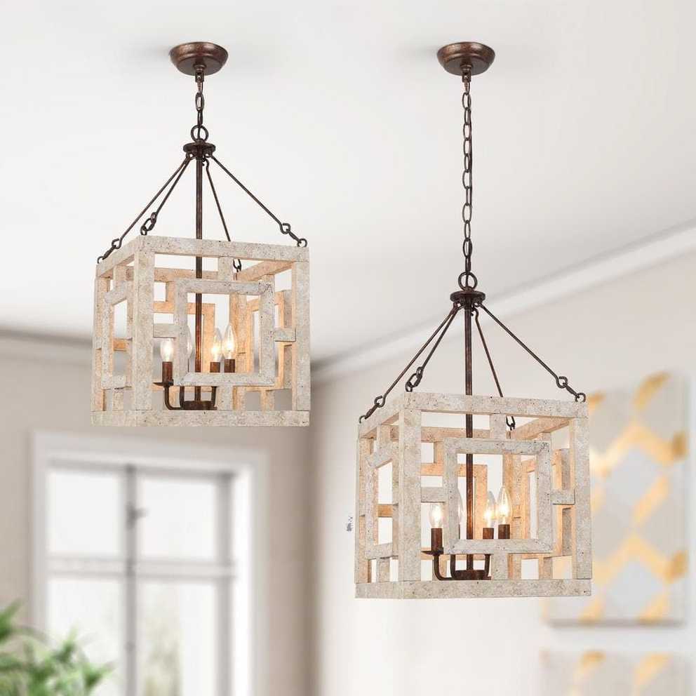 2019 Weathered Driftwood And Gold Lantern Chandeliers With Regard To Lnc Farmhouse Lantern Square Cage Antique White Wood Chandelier 4 Light  Bronze Candlestick Pendant Lamp Window Lattice Shade Qf6zfyhd14143w7 – The  Home Depot (Photo 9 of 15)