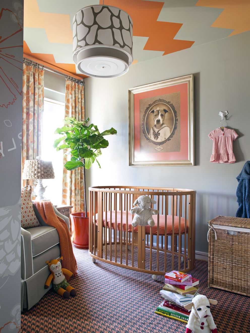 Eclectic Taupe Nursery With Orange Accents And Painted Ceiling (Photo 22 of 33)