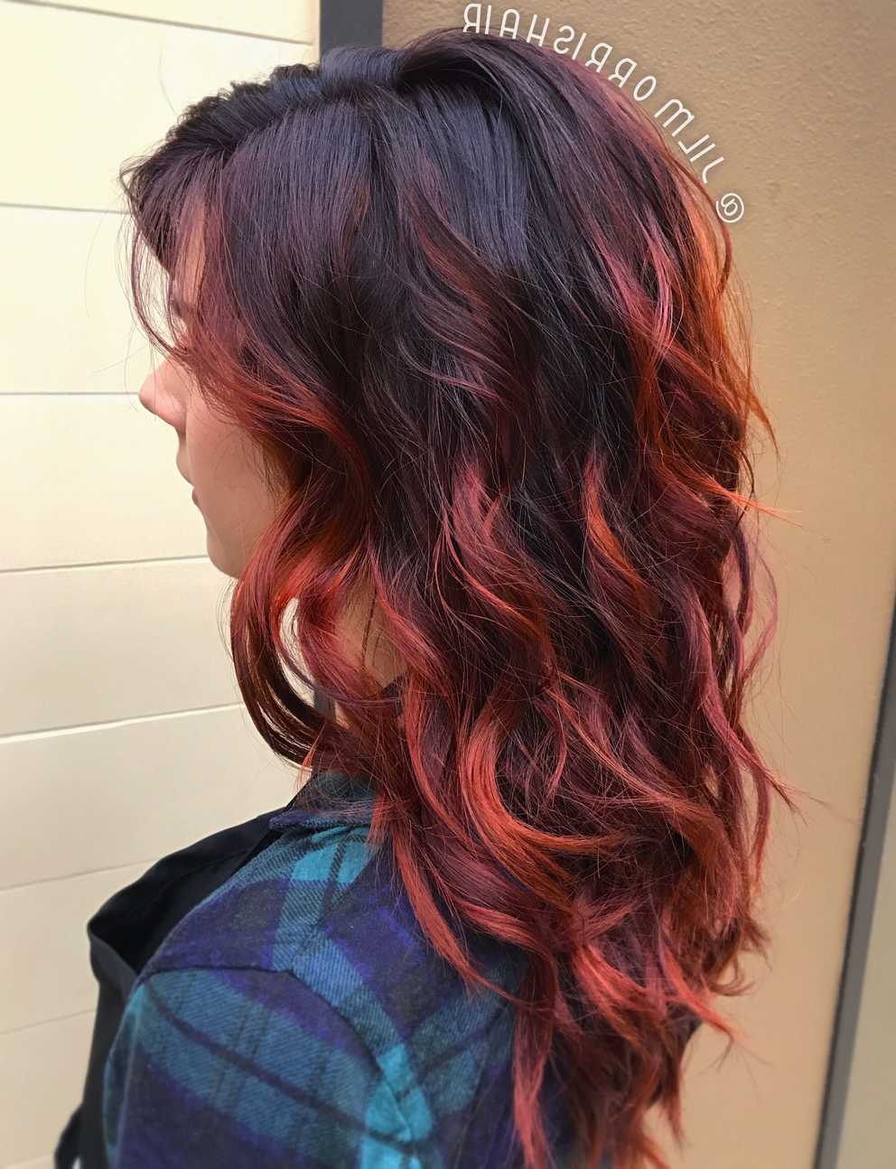Most Up To Date Fire Red Medium Hairstyles Throughout Fiery Red Fall Hair, Balayage Highlights, Violet Red & Copper, Curls (Gallery 18 of 20)