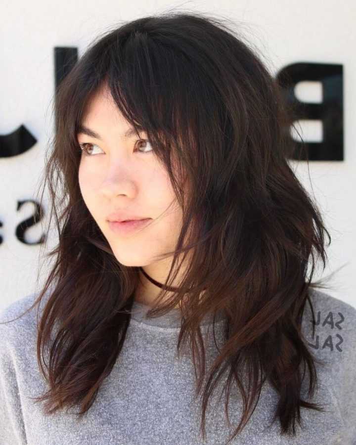 Brunette Layers Shag Haircuts with Centre Part