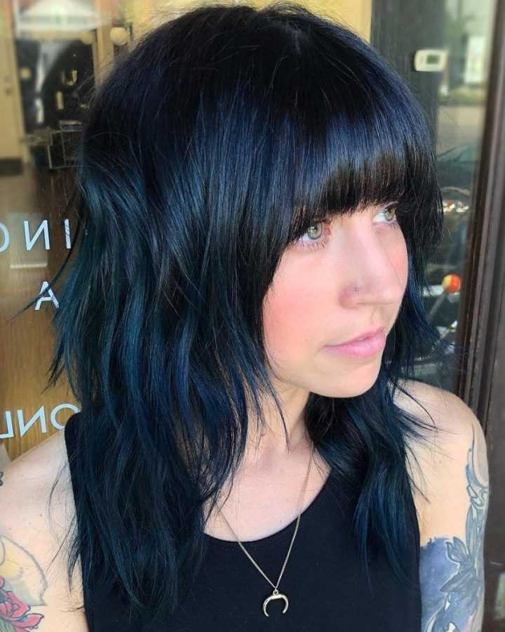 Blue Black Shag Haircuts with Arched Bangs