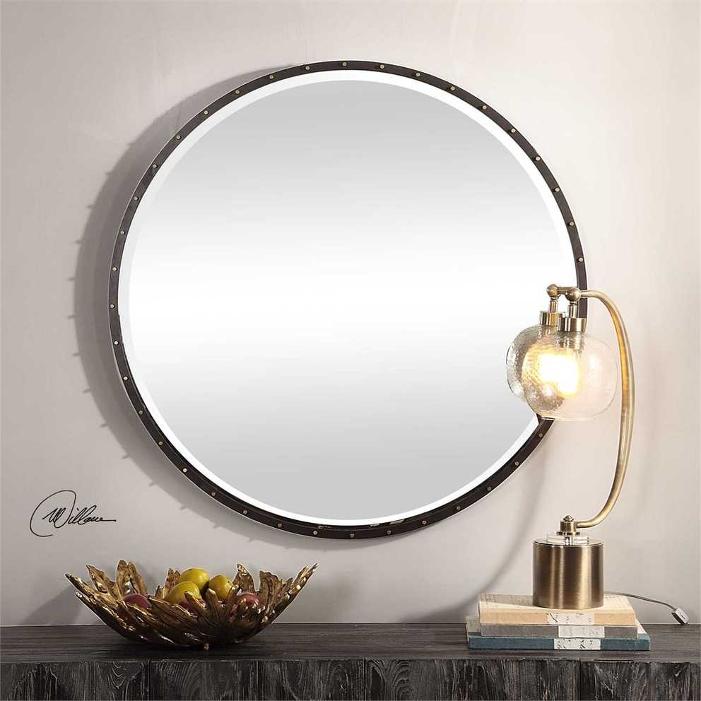 Urban Industrial Black Iron Round Wall Mirror Large 42" Vanity Bath Pertaining To Round Metal Luxe Gold Wall Mirrors (Gallery 9 of 15)