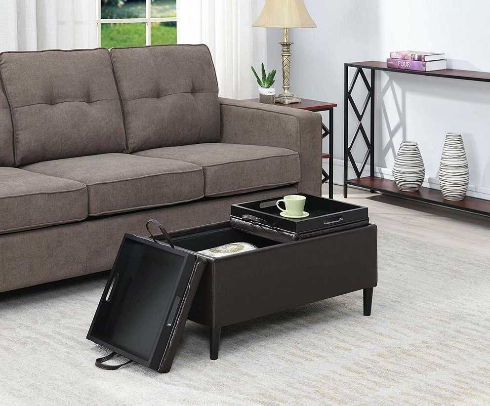 Storage Ottoman Coffee Table Brown Faux Leather Reversible Tray Top Living  Room | Ebay Throughout Storage Ottomans With Reversible Trays (Gallery 6 of 15)