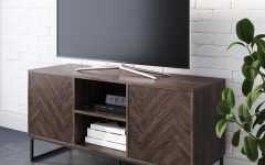 Media Console Cabinet Tv Stands with Hidden Storage Herringbone Pattern Wood Metal