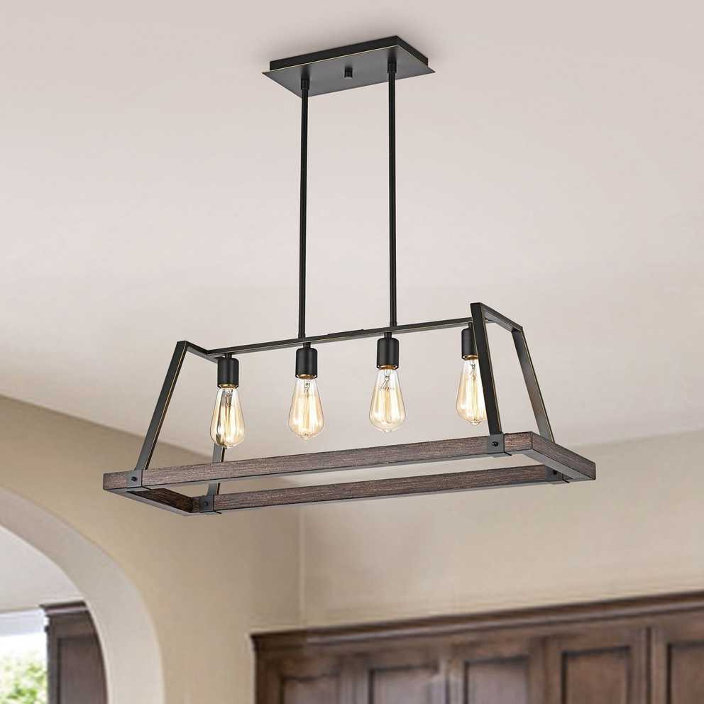 Wood And Oil Rubbed Bronze 4 Light Farmhouse Kitchen Island Lighting – Wood  And Oil Rubbed Bronze – Overstock – 32771476 In Bronze Kitchen Island Chandeliers (Gallery 8 of 15)