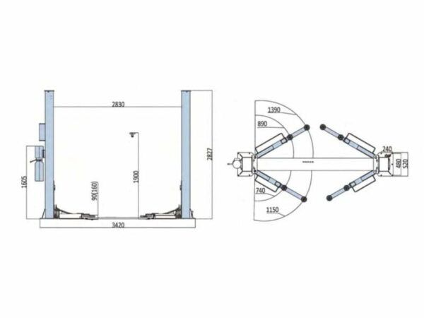 4 tonne 2 post car lift CGE-EE-6254E measurements from Concept Garage Equipment