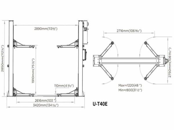 2 Post Lift Automatic Eurotek UT40E dimensions by Concept Garage Equipment