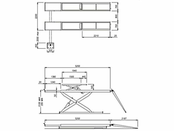 Scissor Lift 5.0 Tonne Recessed 3 Phase Class 4 and 7 dimensions by Tecalemit from Concept Garage Equipment