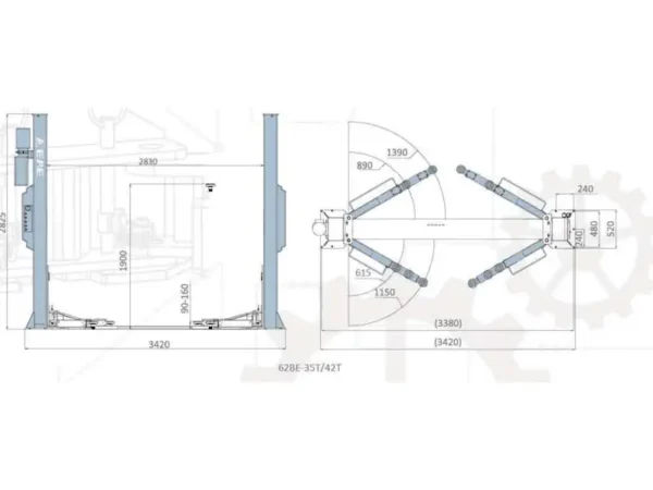 2 Post Lift 3.5 Tonne EAE EE-62B Electro-Hydraulic Base Plate 1 Phase or 3 Phase dimensions from Concept Garage Equipment