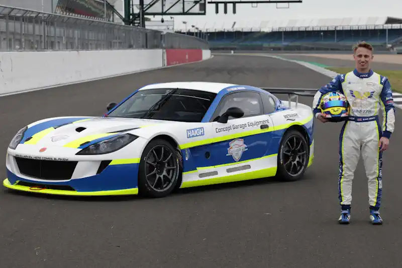 Blake Angliss with Genetta G56 GTP car at Silverstone featuring the Concept Garage Equipment livery