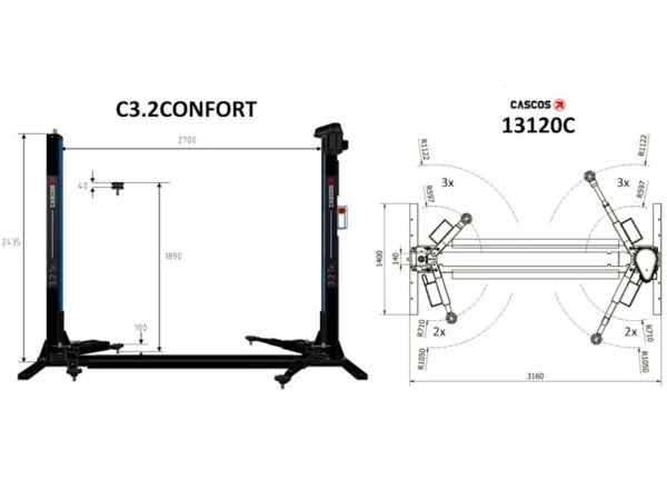 2 Post Lift Hofmann Megaplan Cascos C3.2 dimensions confort baseless