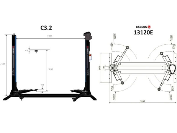 2 Post Lift Hofmann Megaplan Cascos C3.2 dimensions with base