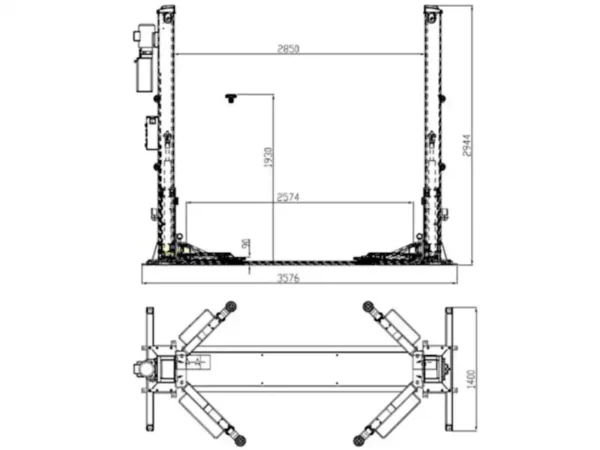 2 Post Lift 4 Tonne Platinum 42FE H Base dimensions