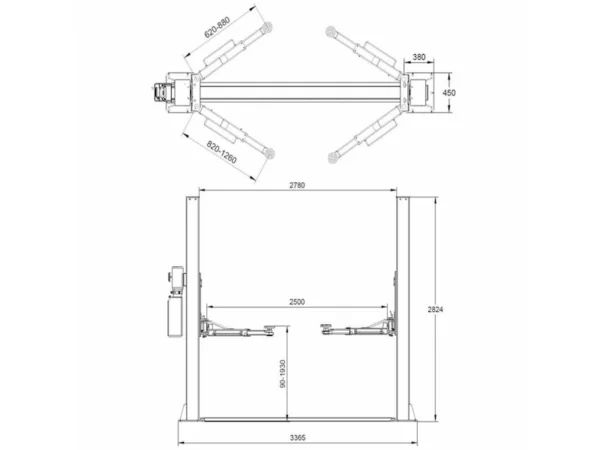 2 Post Car Lift 4 Tonne REDATS L-200F Semi-automatic with Manual Lock dimensions