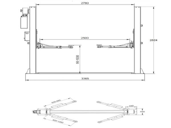 2 Post Car Lift 4 Tonne REDATS L-220 Automatic with Auto Lock Dimensions