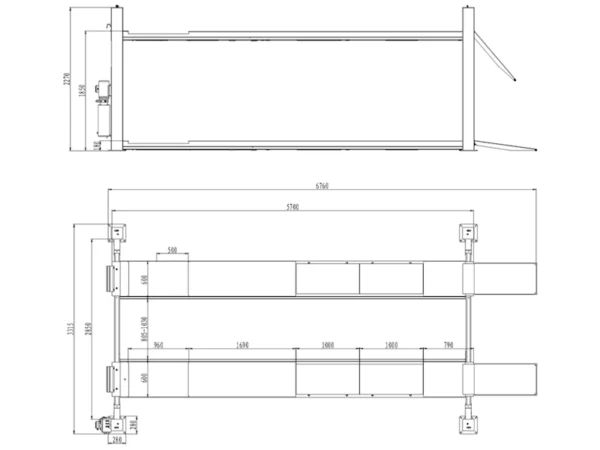 4 Post Service and Wheel Alignment Lift Eurotek 5 Tonne Lifting Capacity 5.7m dimensions