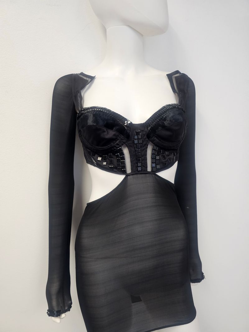 gucci mesh dress S/S 2001 Gucci by Tom Ford Mesh Overlay Beige Corseted Dress