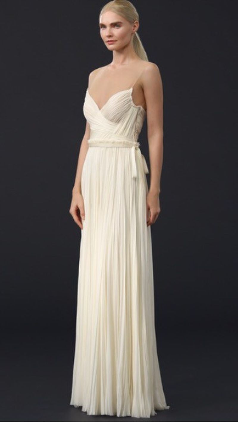 J.Mendel Hand-Pleated Silk Chiffon Gown w/ Illusion Neckline and Beaded  Waist | Other