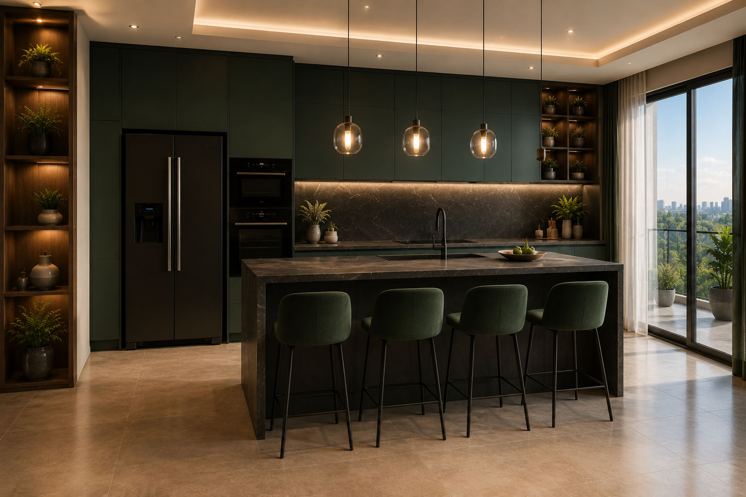 Embassy Knowledge Park luxury modular kitchen interior with modern island and city view