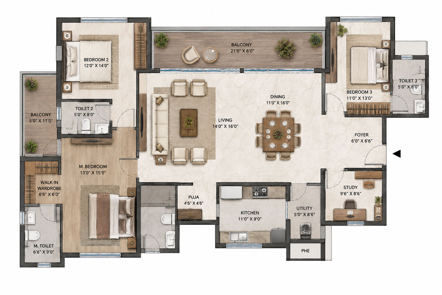 Total Environment 3 BHK + Study Room Floor plan 