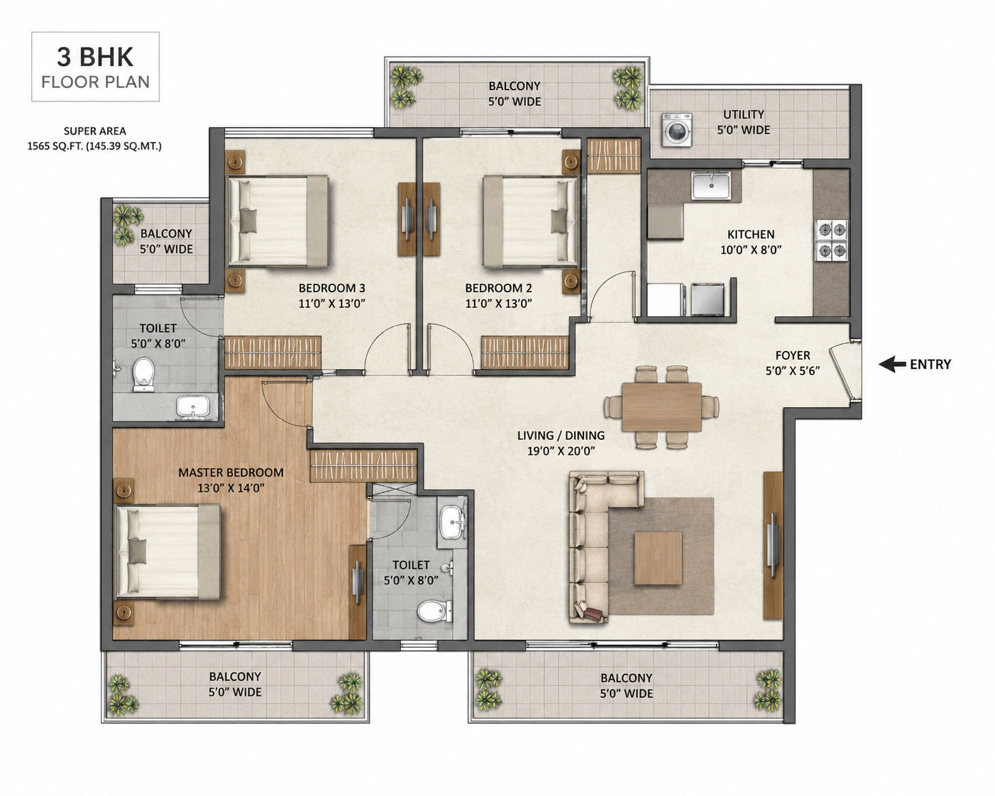 3 BHK Floor Plan of Sattva Aangane