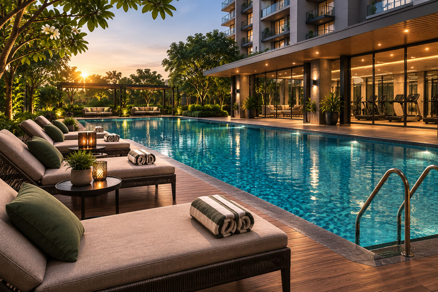 Embassy Knowledge Park premium swimming pool with landscaped greenery and clubhouse amenities